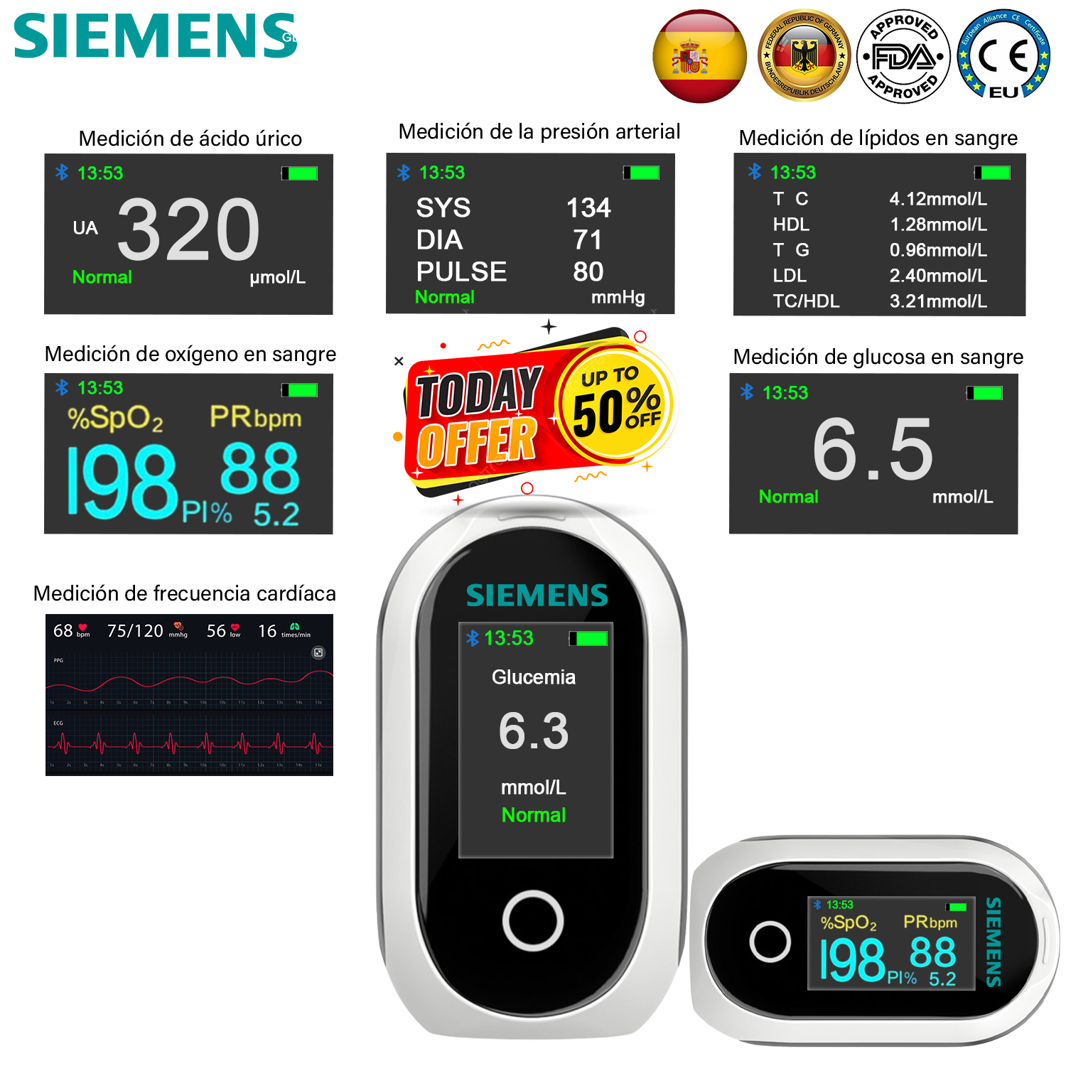 Medición no invasiva (oxígeno en sangre + frecuencia cardíaca + azúcar en sangre + ácido úrico + presión arterial + lípidos en sangre) + conexión Bluetooth + conexión a ordenador